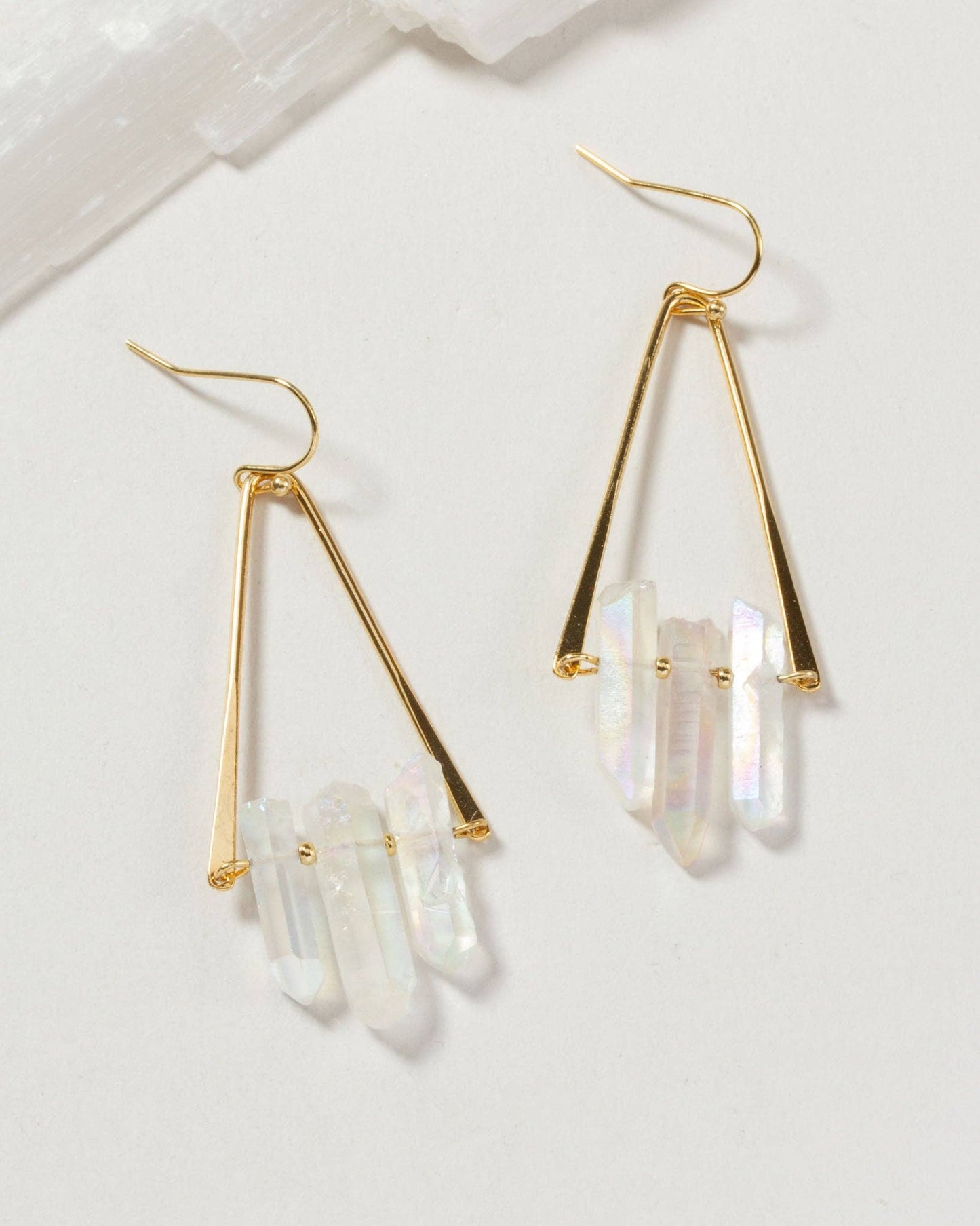 Tri Crystal Fish Hook Earring- AB Clear Quartz