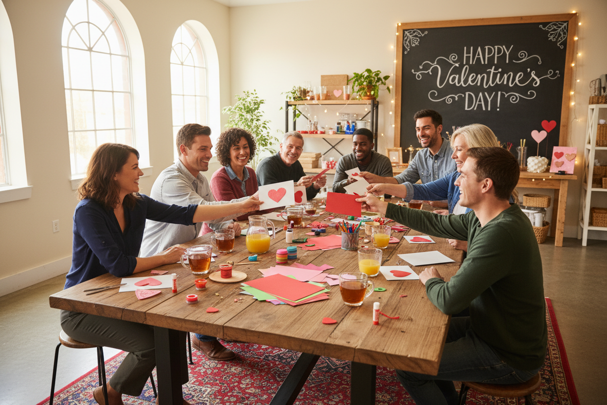 people sharing valentines cards and drinking out of glasses in a workshop environment